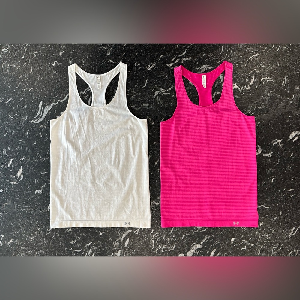 Under Armour Bundle Fitted Heat Gear Striped Tank Tops Pink & White